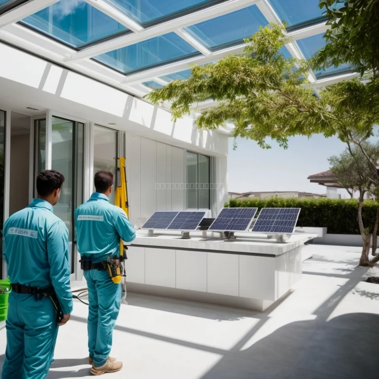 Glückliche Familie neben Solarpanels